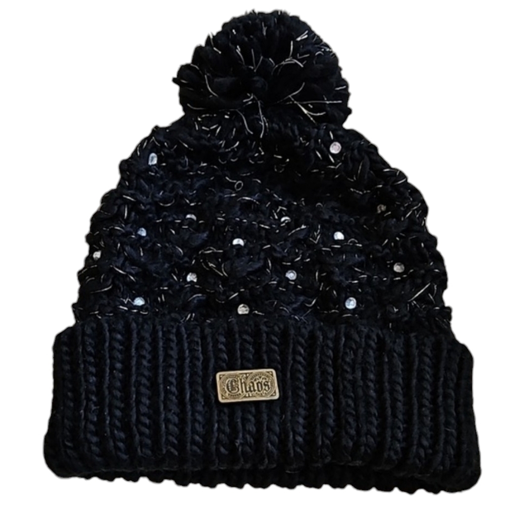 CHAOS Pompom Hat Beanie Black with Rhinestones and Gold Thread